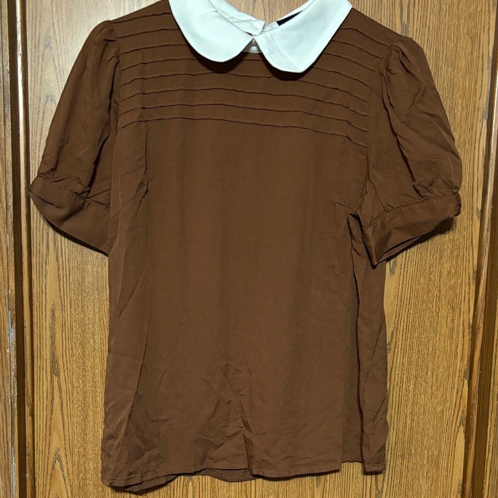 NWOT Allegra K Brown Blouse with White Trim - Picture 1 of 5